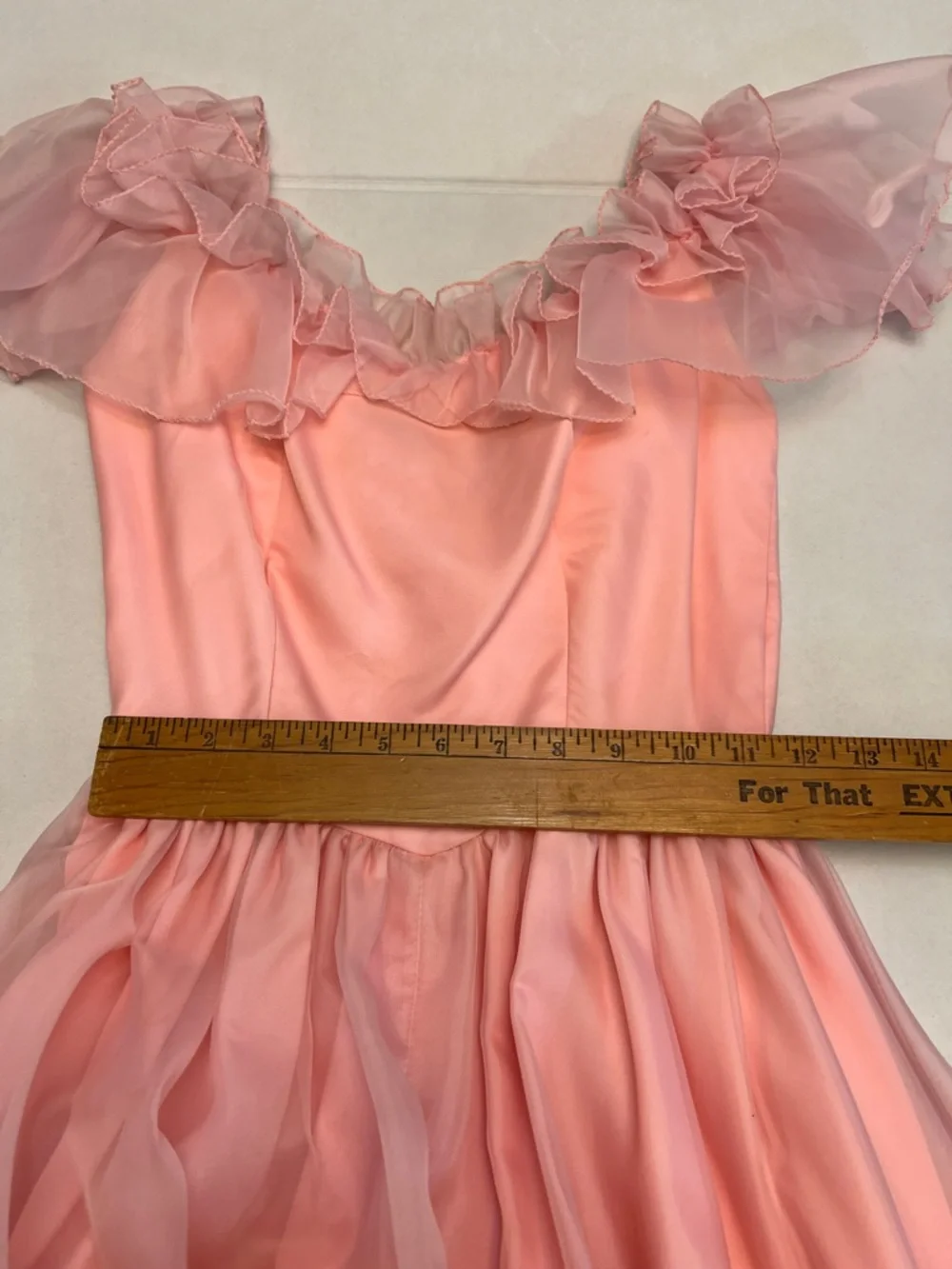 1970’s VINTAGE UNION MADE PINK RUFFLE COQUETTE BRIDGERTON STYLE GOWN DRESS - Picture 16 of 16
